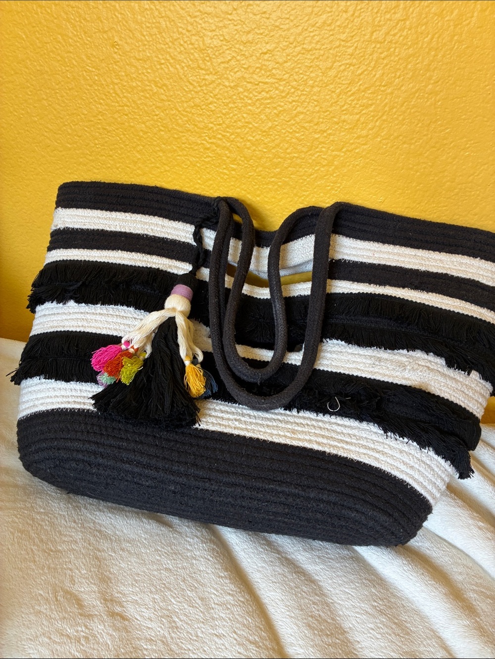 Stella & Dot Black and White Striped Tote with Colorful Tassel